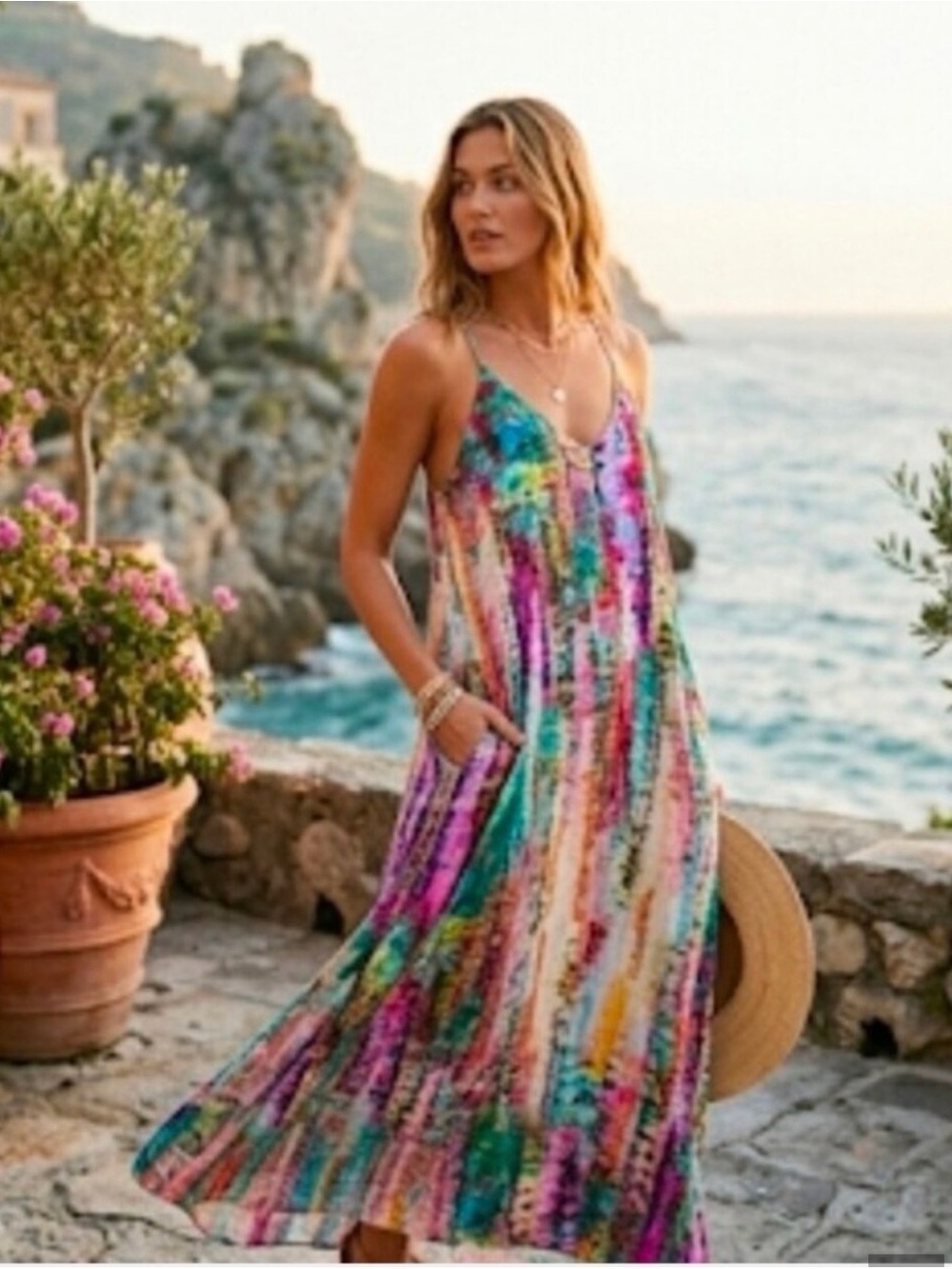 Nicole Miller New York Watercolor Abstract Satin Maxi Dress